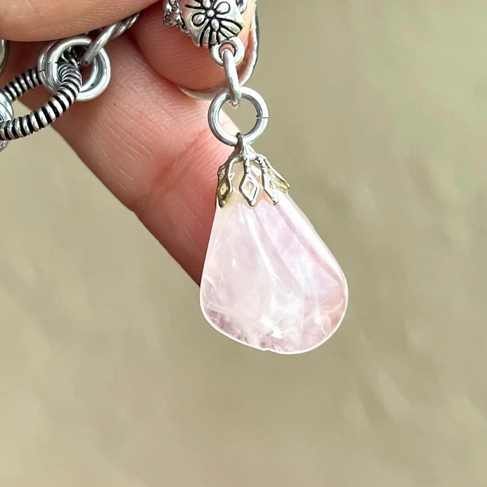 Handmade maille choker necklace with rose pink quartz crystal charm boho silver_5
